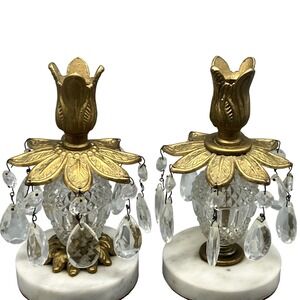 Vtg Hollywood Regency Marble Brass Crystal Prisms candle Holders READ